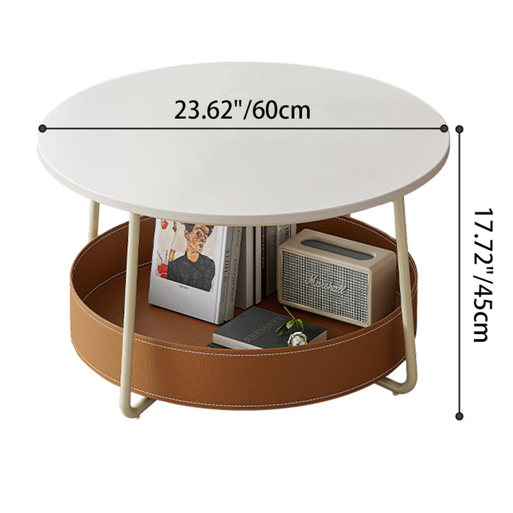 Zeitgenössischer nordischer runder Couchtisch aus Kohlenstoffstahl mit Kunstsattelleder, 2-stufig, für das Wohnzimmer 