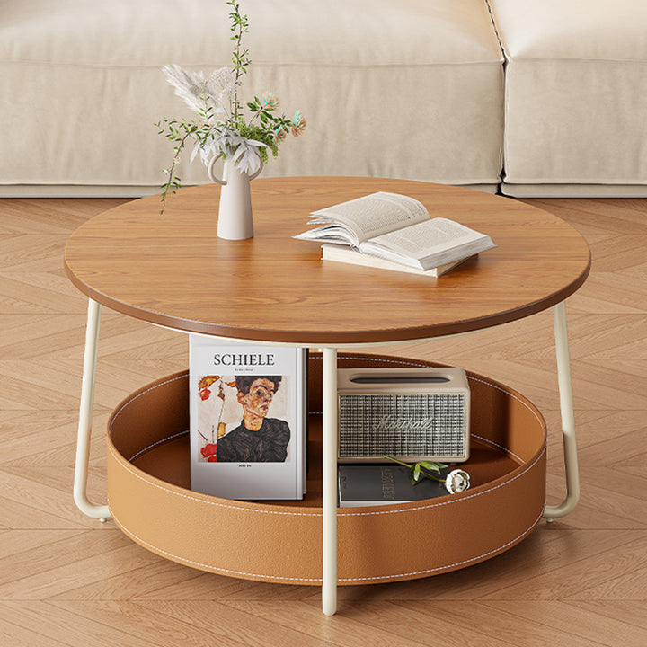 Zeitgenössischer nordischer runder Couchtisch aus Kohlenstoffstahl mit Kunstsattelleder, 2-stufig, für das Wohnzimmer 