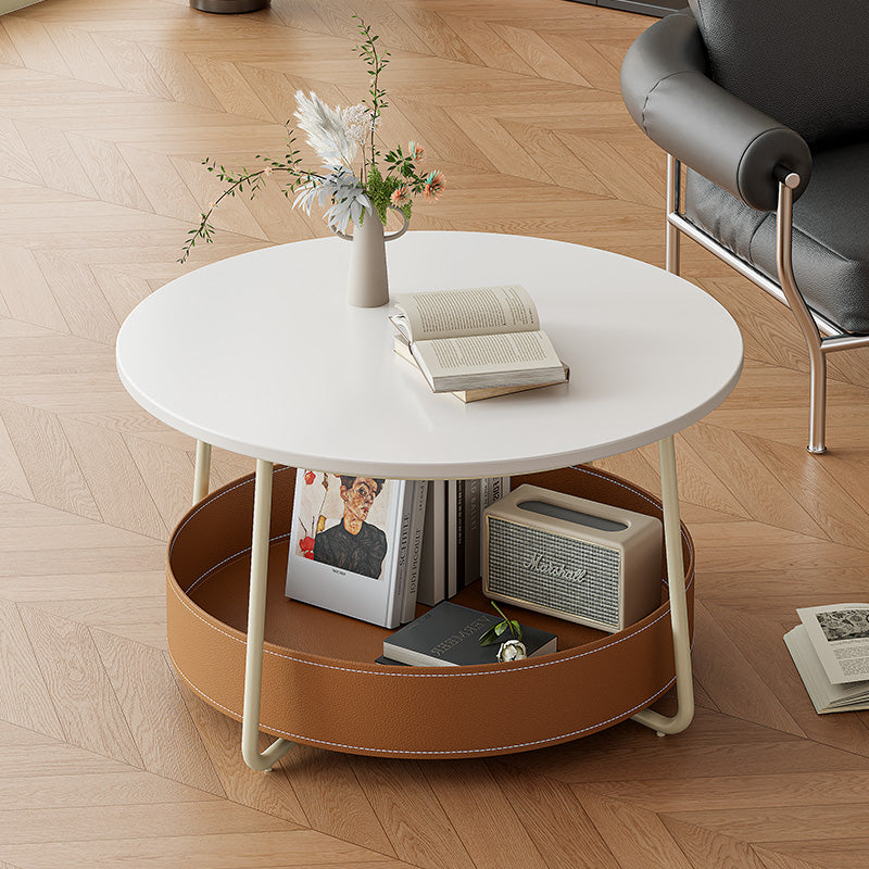Zeitgenössischer nordischer runder Couchtisch aus Kohlenstoffstahl mit Kunstsattelleder, 2-stufig, für das Wohnzimmer 