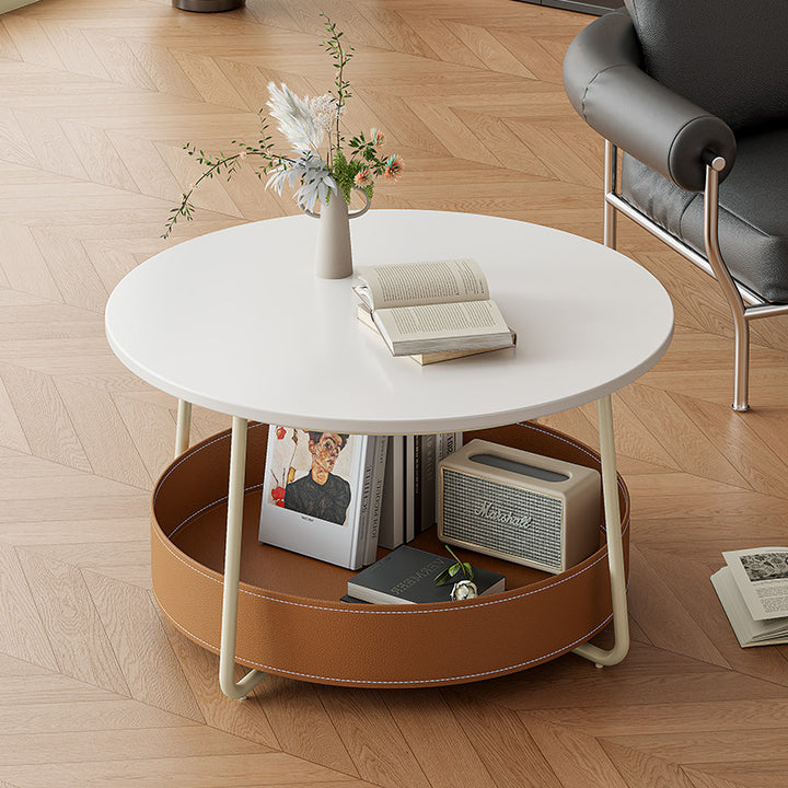 Zeitgenössischer nordischer runder Couchtisch aus Kohlenstoffstahl mit Kunstsattelleder, 2-stufig, für das Wohnzimmer 