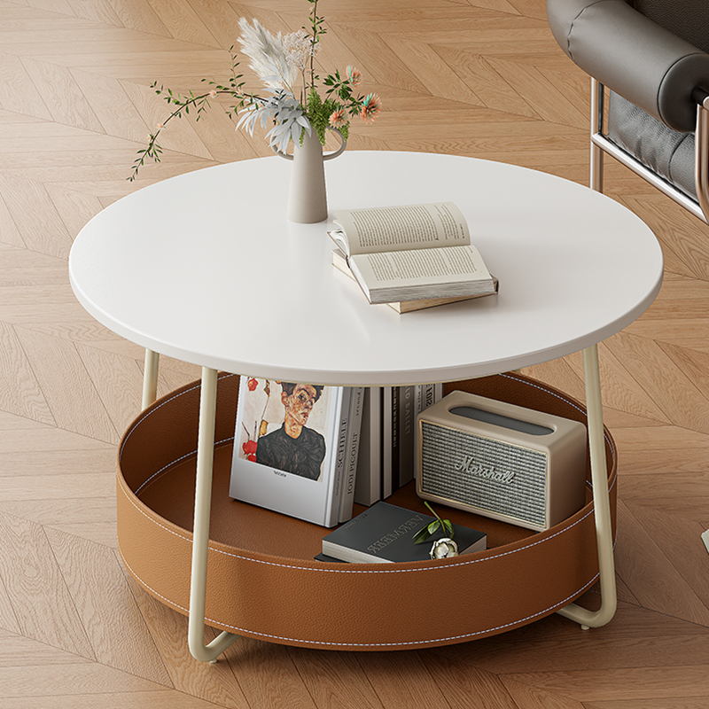 Zeitgenössischer nordischer runder Couchtisch aus Kohlenstoffstahl mit Kunstsattelleder, 2-stufig, für das Wohnzimmer 