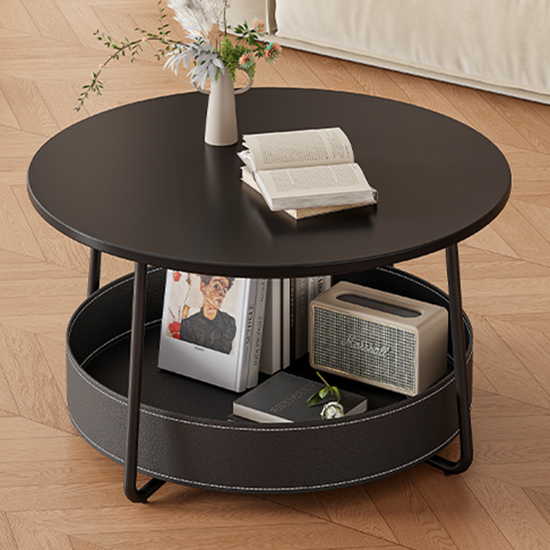 Zeitgenössischer nordischer runder Couchtisch aus Kohlenstoffstahl mit Kunstsattelleder, 2-stufig, für das Wohnzimmer 