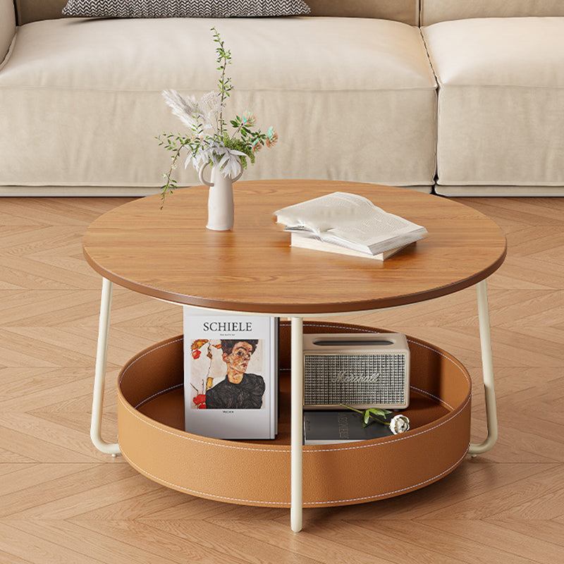 Zeitgenössischer nordischer runder Couchtisch aus Kohlenstoffstahl mit Kunstsattelleder, 2-stufig, für das Wohnzimmer 