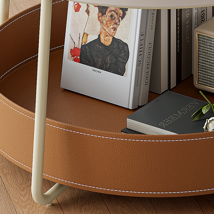 Zeitgenössischer nordischer runder Couchtisch aus Kohlenstoffstahl mit Kunstsattelleder, 2-stufig, für das Wohnzimmer 