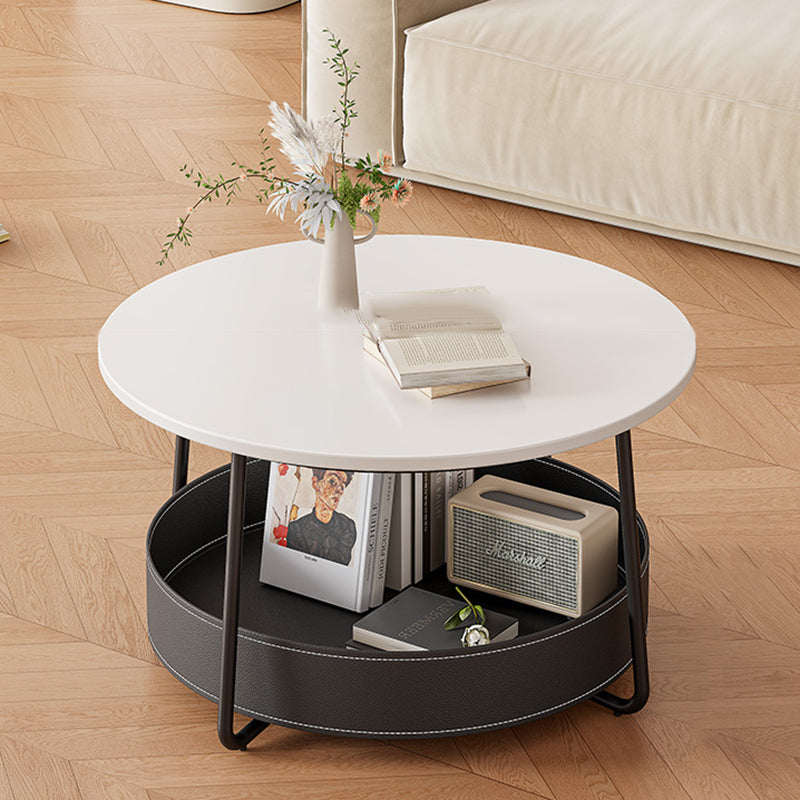 Zeitgenössischer nordischer runder Couchtisch aus Kohlenstoffstahl mit Kunstsattelleder, 2-stufig, für das Wohnzimmer 