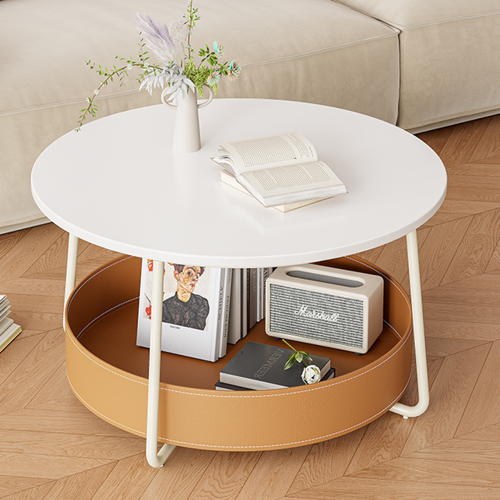 Zeitgenössischer nordischer runder Couchtisch aus Kohlenstoffstahl mit Kunstsattelleder, 2-stufig, für das Wohnzimmer 