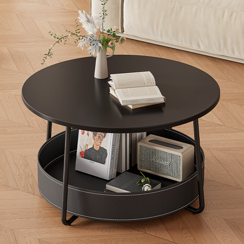 Zeitgenössischer nordischer runder Couchtisch aus Kohlenstoffstahl mit Kunstsattelleder, 2-stufig, für das Wohnzimmer 