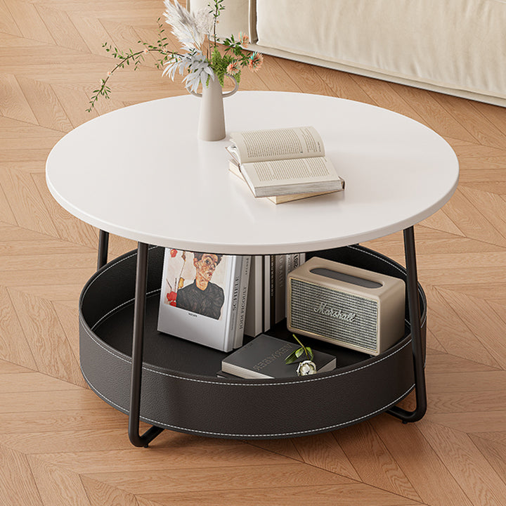 Zeitgenössischer nordischer runder Couchtisch aus Kohlenstoffstahl mit Kunstsattelleder, 2-stufig, für das Wohnzimmer 
