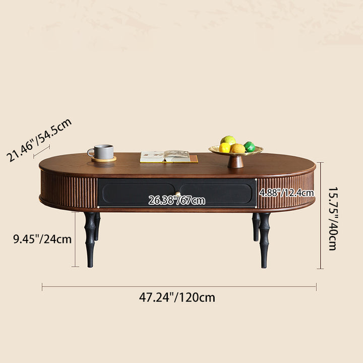 Traditional Retro Oval Red Oak Wood &amp; Plywood Coffee Table 2-Drawer For Living Room