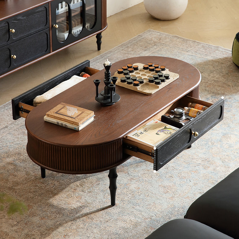 Traditional Retro Oval Red Oak Wood &amp; Plywood Coffee Table 2-Drawer For Living Room
