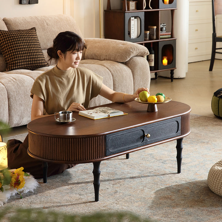 Traditional Retro Oval Red Oak Wood &amp; Plywood Coffee Table 2-Drawer For Living Room