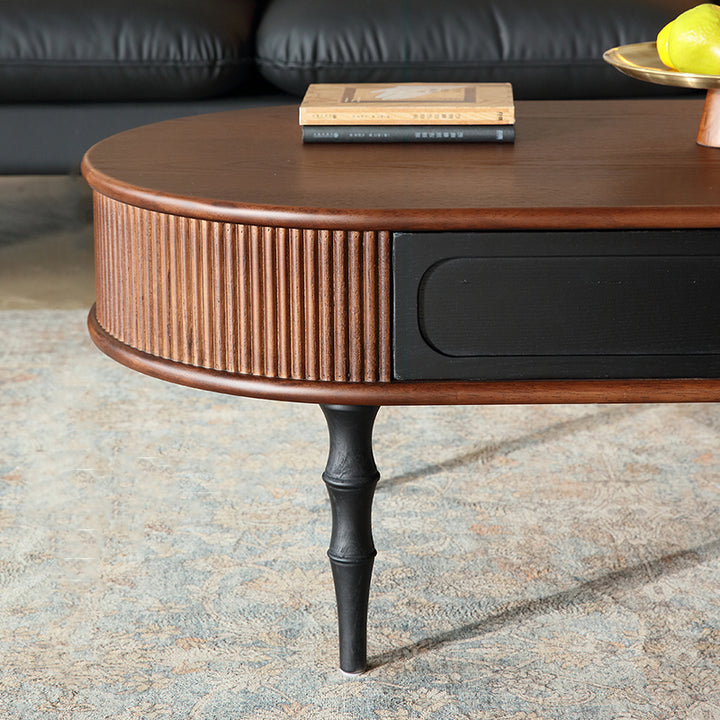 Traditional Retro Oval Red Oak Wood &amp; Plywood Coffee Table 2-Drawer For Living Room