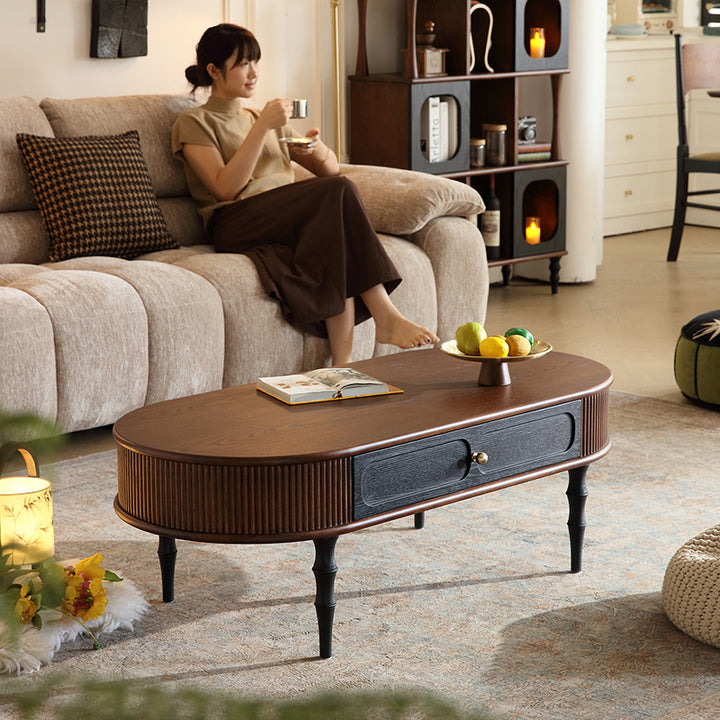 Traditional Retro Oval Red Oak Wood &amp; Plywood Coffee Table 2-Drawer For Living Room