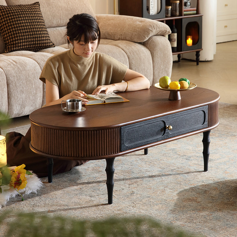 Traditional Retro Oval Red Oak Wood &amp; Plywood Coffee Table 2-Drawer For Living Room