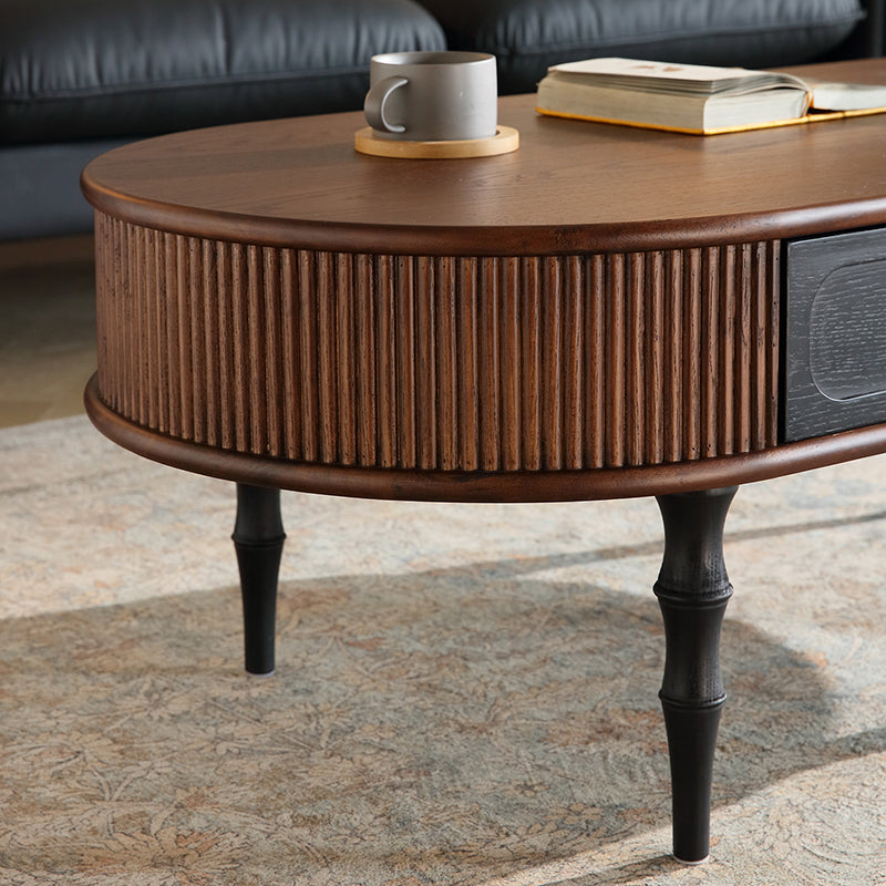 Traditional Retro Oval Red Oak Wood &amp; Plywood Coffee Table 2-Drawer For Living Room