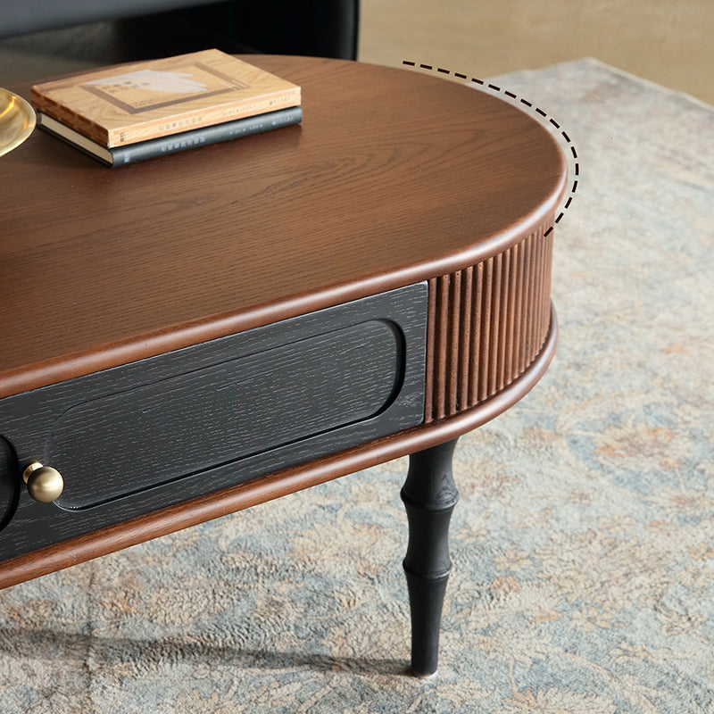 Traditional Retro Oval Red Oak Wood &amp; Plywood Coffee Table 2-Drawer For Living Room