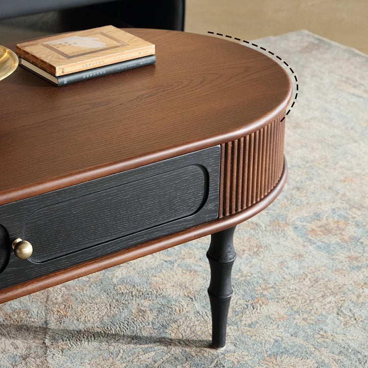 Traditional Retro Oval Red Oak Wood &amp; Plywood Coffee Table 2-Drawer For Living Room