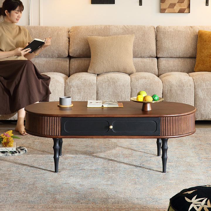 Traditioneller ovaler Couchtisch im Retro-Stil aus roter Eiche und Sperrholz mit 2 Schubladen für das Wohnzimmer 
