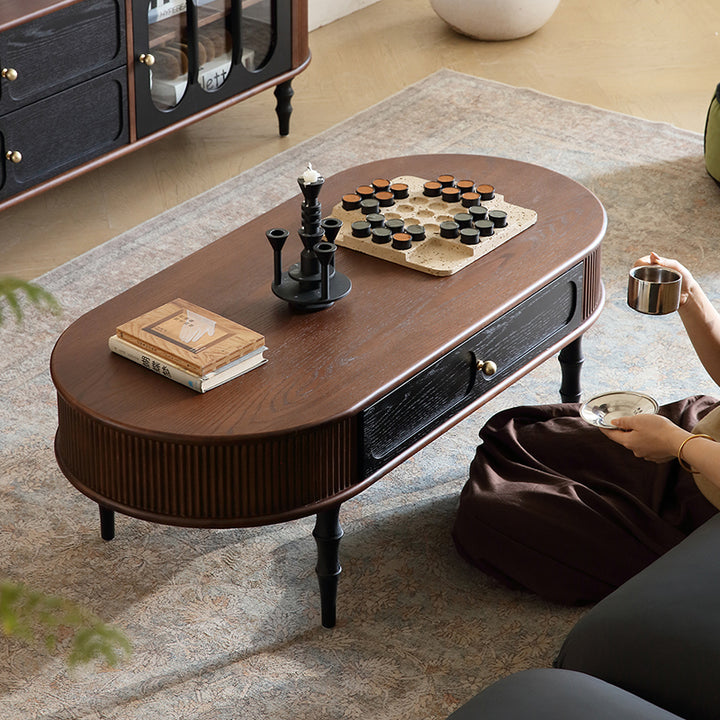Traditional Retro Oval Red Oak Wood &amp; Plywood Coffee Table 2-Drawer For Living Room