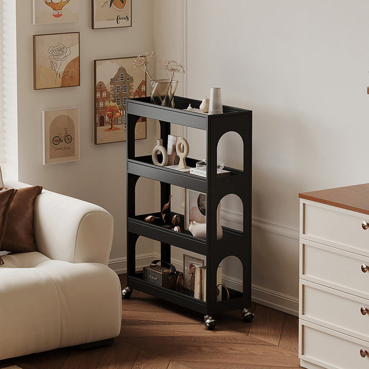 Contemporary Industrial Narrow Rectangular Iron Durable Movable Storage Shelf 4-Tier For Living Room