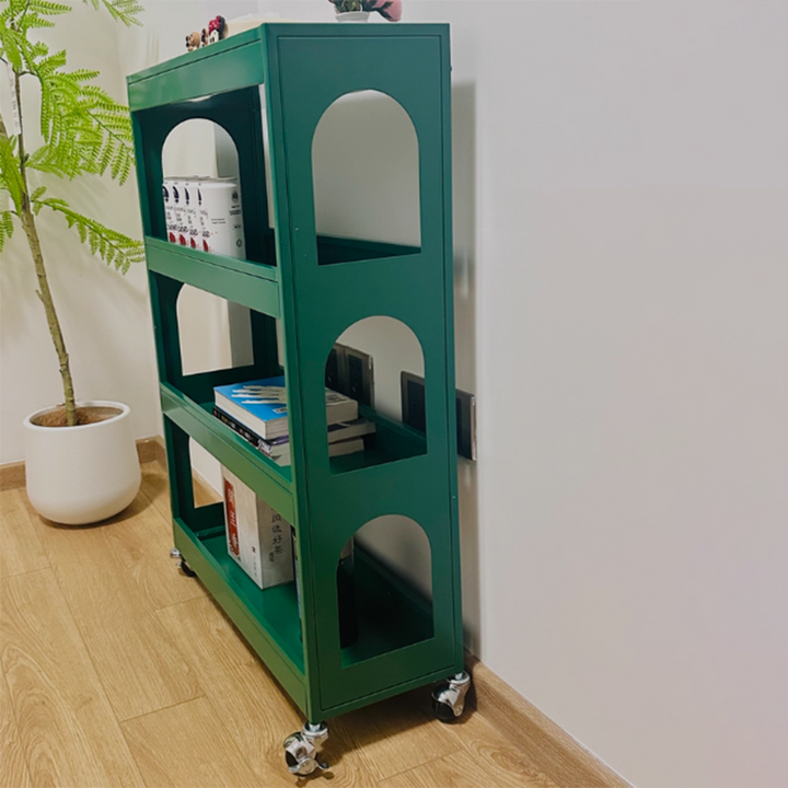 Contemporary Industrial Narrow Rectangular Iron Durable Movable Storage Shelf 4-Tier For Living Room