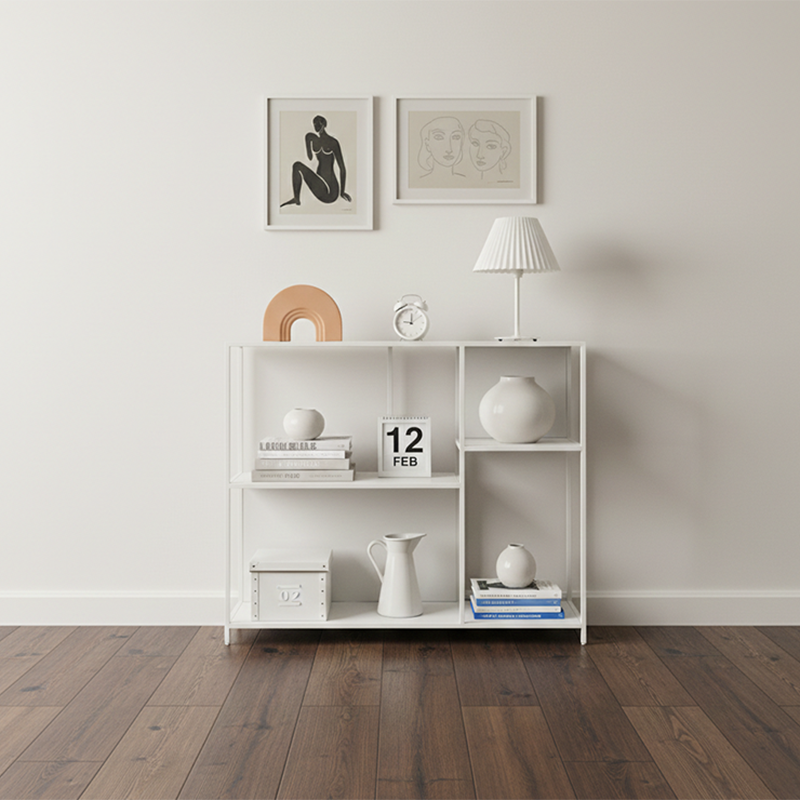 Estante de exhibición de piso de hierro rectangular industrial contemporáneo de 3 niveles para sala de estar 