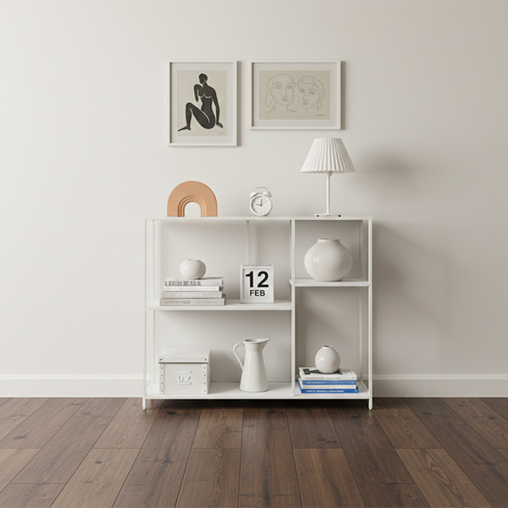 Estante de exhibición de piso de hierro rectangular industrial contemporáneo de 3 niveles para sala de estar 