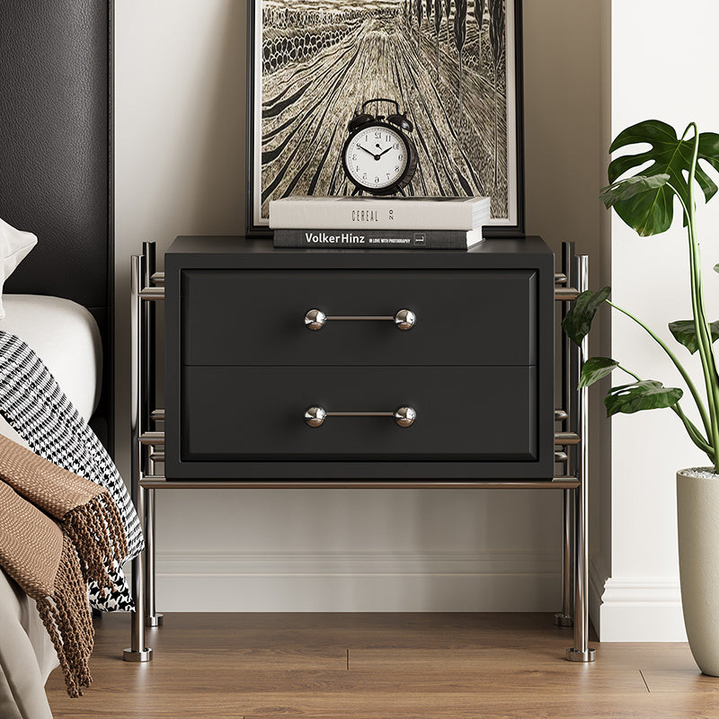 Contemporary Industrial Rectangular Plywood Stainless Steel Pine Wood Nightstand 2-Drawer For Bedroom