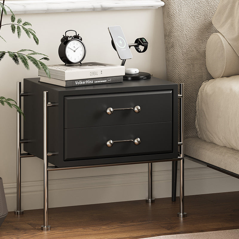 Contemporary Industrial Rectangular Plywood Stainless Steel Pine Wood Nightstand 2-Drawer For Bedroom