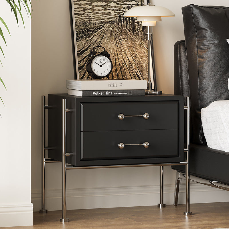 Contemporary Industrial Rectangular Plywood Stainless Steel Pine Wood Nightstand 2-Drawer For Bedroom