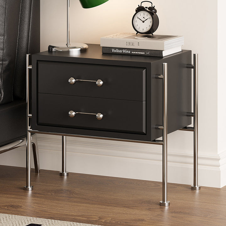 Contemporary Industrial Rectangular Plywood Stainless Steel Pine Wood Nightstand 2-Drawer For Bedroom
