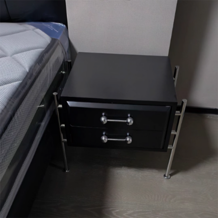 Contemporary Industrial Rectangular Plywood Stainless Steel Pine Wood Nightstand 2-Drawer For Bedroom