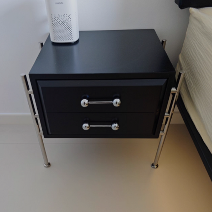 Contemporary Industrial Rectangular Plywood Stainless Steel Pine Wood Nightstand 2-Drawer For Bedroom