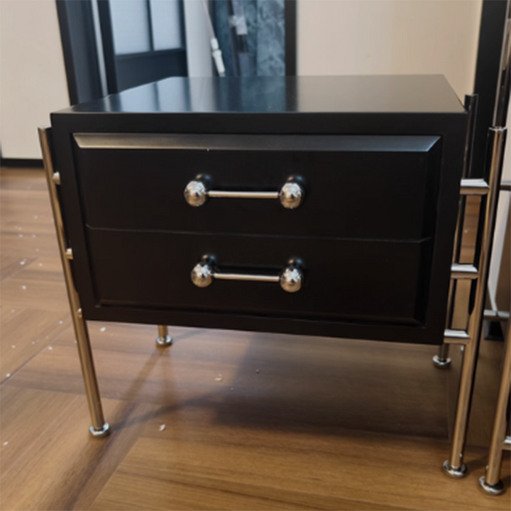 Contemporary Industrial Rectangular Plywood Stainless Steel Pine Wood Nightstand 2-Drawer For Bedroom