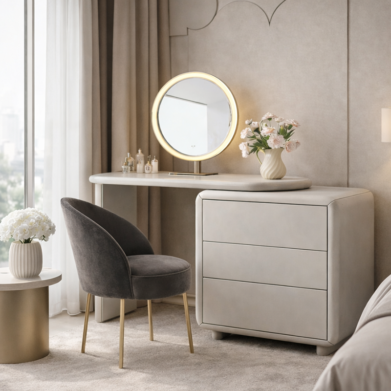 Scandinavian Extendable Makeup Vanity - High-Density MDF Solid Wood Particle Board 3-Drawer Vanity Table For Bedroom