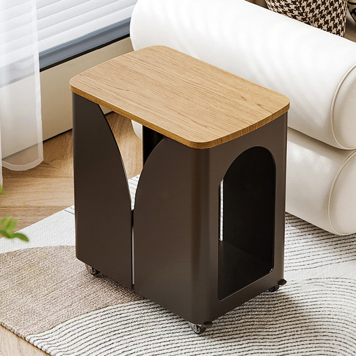 Modern Minimalist Hollowed-Out Rectangular Iron Plywood Narrow End Table 2-Tier For Living Room