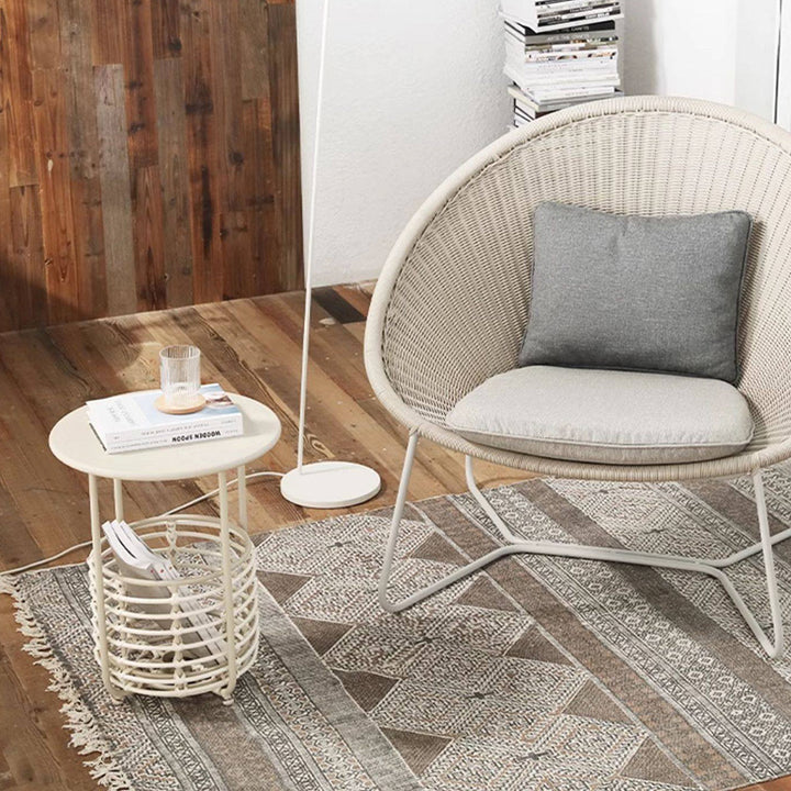 Table d'appoint contemporaine industrielle cylindrique en acier au carbone avec tressage en rotin PE, légère, 1 panier, pour salon 