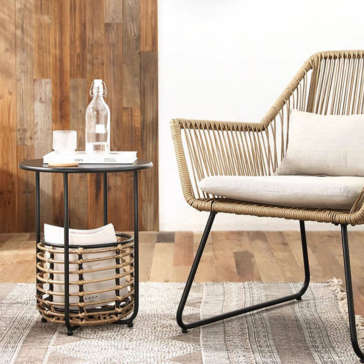 Table d'appoint contemporaine industrielle cylindrique en acier au carbone avec tressage en rotin PE, légère, 1 panier, pour salon 