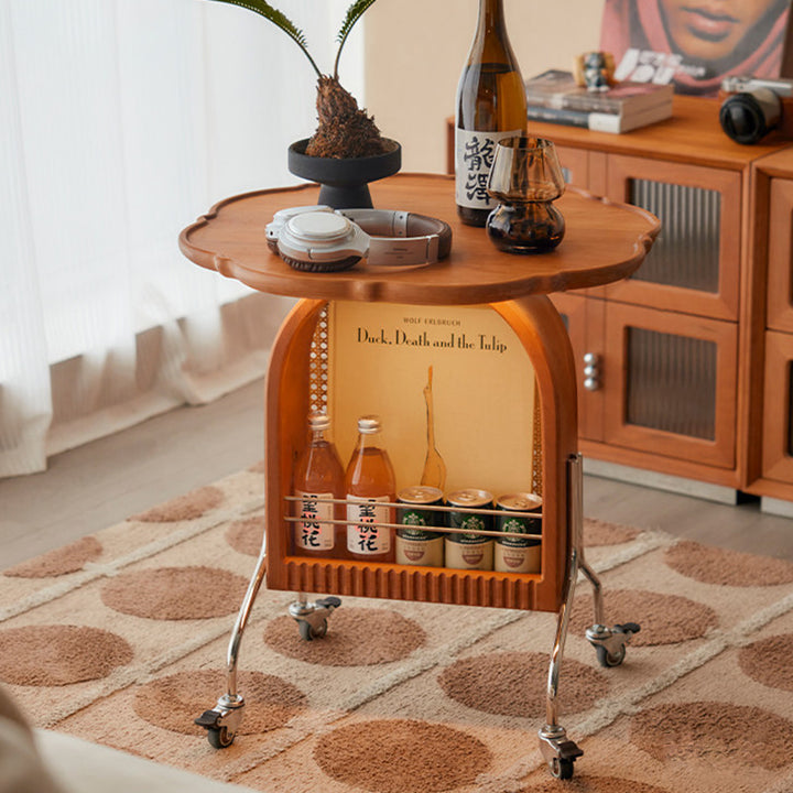Traditional French Petal Arch Rubberwood Stainless Steel PE Rattan Weaving Movable End Table 2-Tier For Living Room