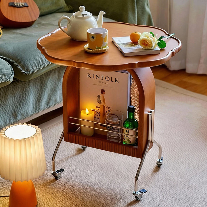 Traditional French Petal Arch Rubberwood Stainless Steel PE Rattan Weaving Movable End Table 2-Tier For Living Room