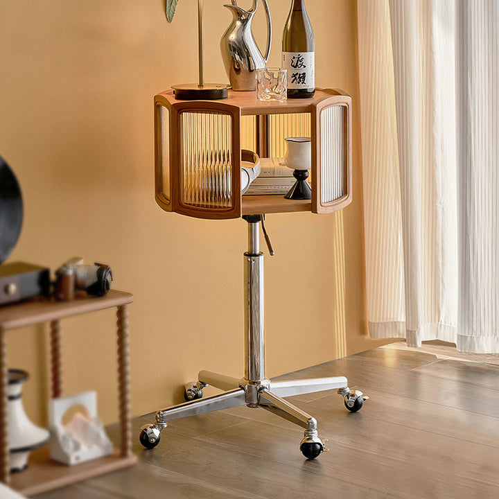 Traditional French Petal Cherry Wood Stainless Steel Striped Glass Liftable Movable Side Table 2-Layer For Living Room