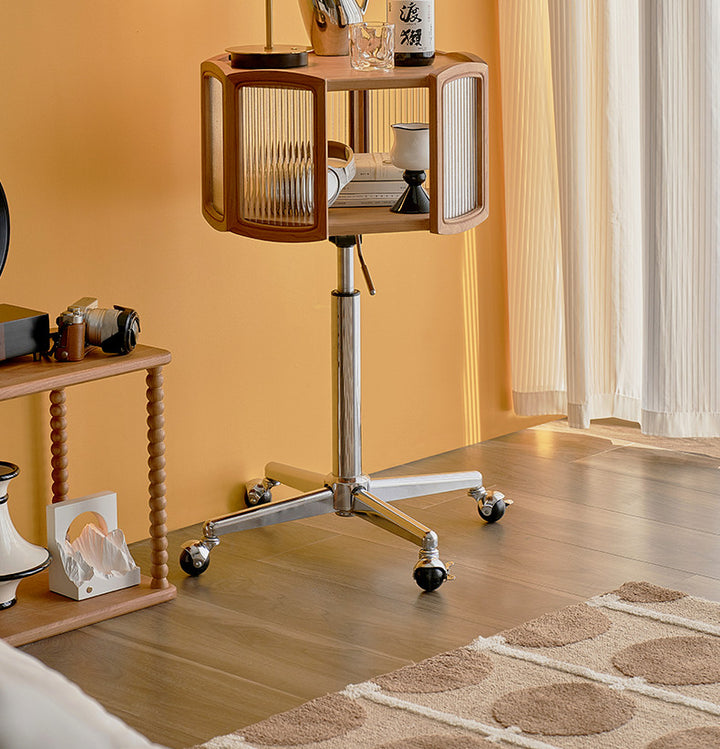 Traditional French Petal Cherry Wood Stainless Steel Striped Glass Liftable Movable Side Table 2-Layer For Living Room