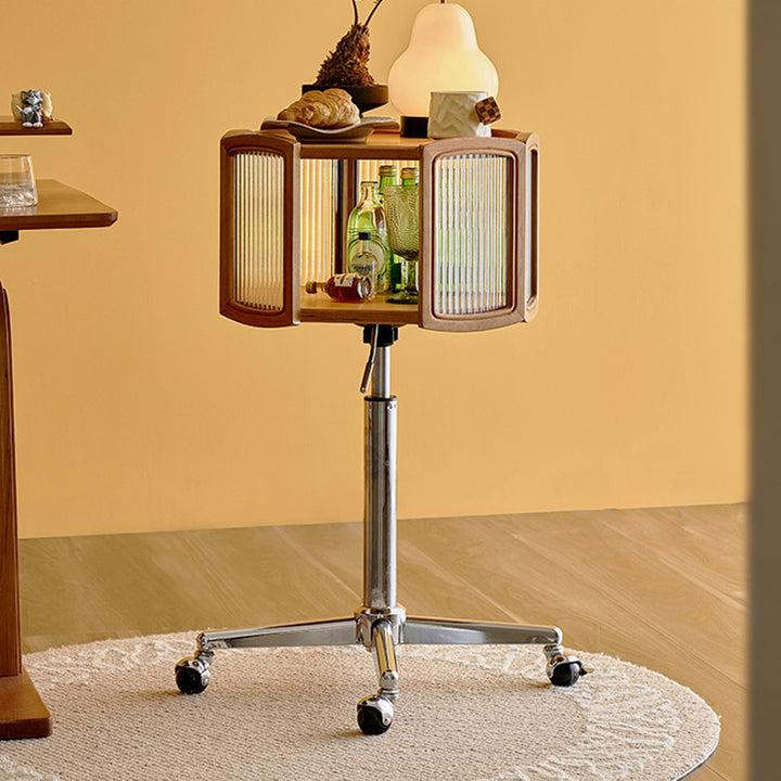 Traditional French Petal Cherry Wood Stainless Steel Striped Glass Liftable Movable Side Table 2-Layer For Living Room