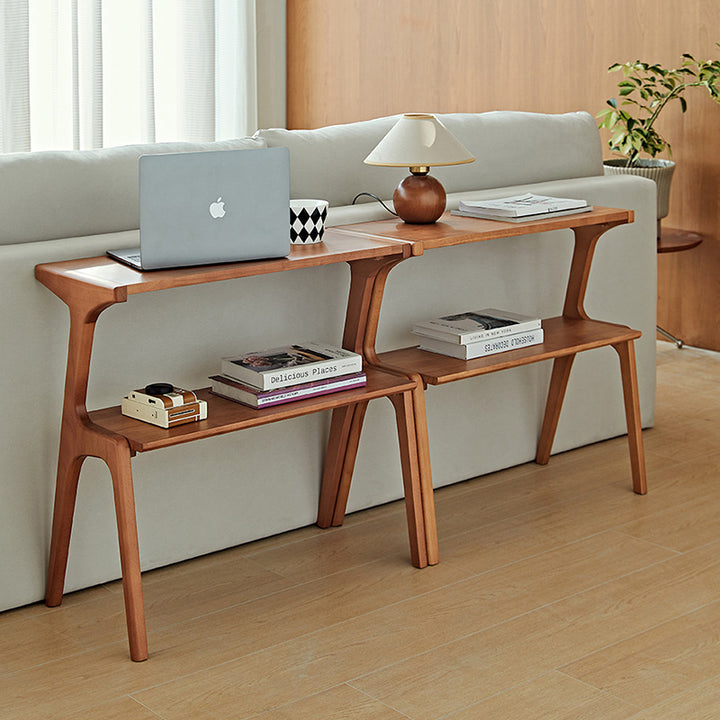 Zeitgenössischer Retro-Geweih-Form Gummibaum Buchenholz Leichtgewichtiger Beistelltisch 2-Schicht für Wohnzimmer 