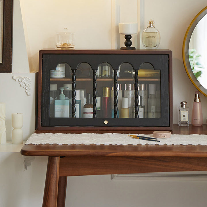 Traditional French Trapezoidal Ash Wood Glass Flip Cover Design Desk Storage Cabinet 2-Layer For Bedroom