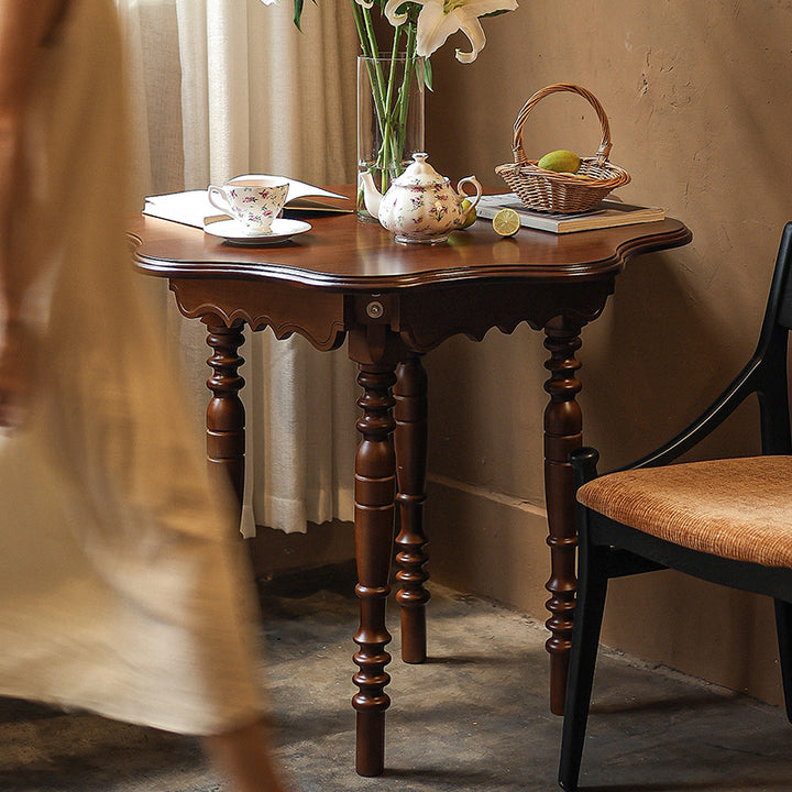 Table à manger ronde vintage traditionnelle à bord ondulé en forme de pétale, en bois d’hévéa, 1 niveau, pour 2 à 4 places 