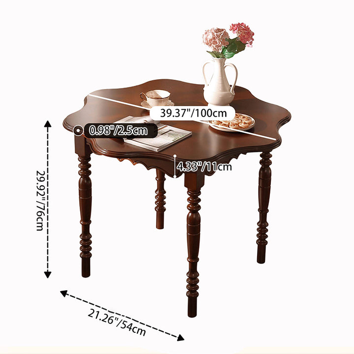 Table à manger ronde vintage traditionnelle à bord ondulé en forme de pétale, en bois d’hévéa, 1 niveau, pour 2 à 4 places 