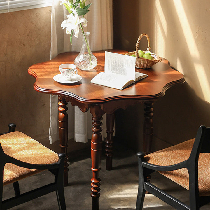 Table à manger ronde vintage traditionnelle à bord ondulé en forme de pétale, en bois d’hévéa, 1 niveau, pour 2 à 4 places 