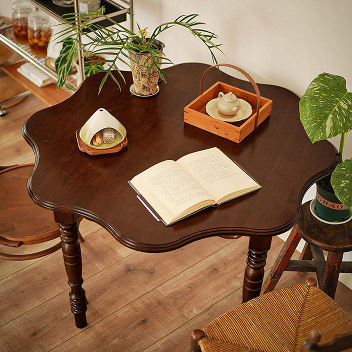 Table à manger ronde vintage traditionnelle à bord ondulé en forme de pétale, en bois d’hévéa, 1 niveau, pour 2 à 4 places 