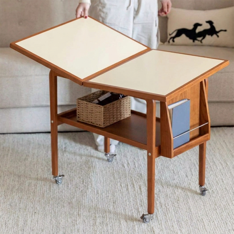 Table basse contemporaine scandinave rectangulaire en bois de cerisier, contreplaqué et acier inoxydable, mobile et extensible, à deux niveaux, pour salon 